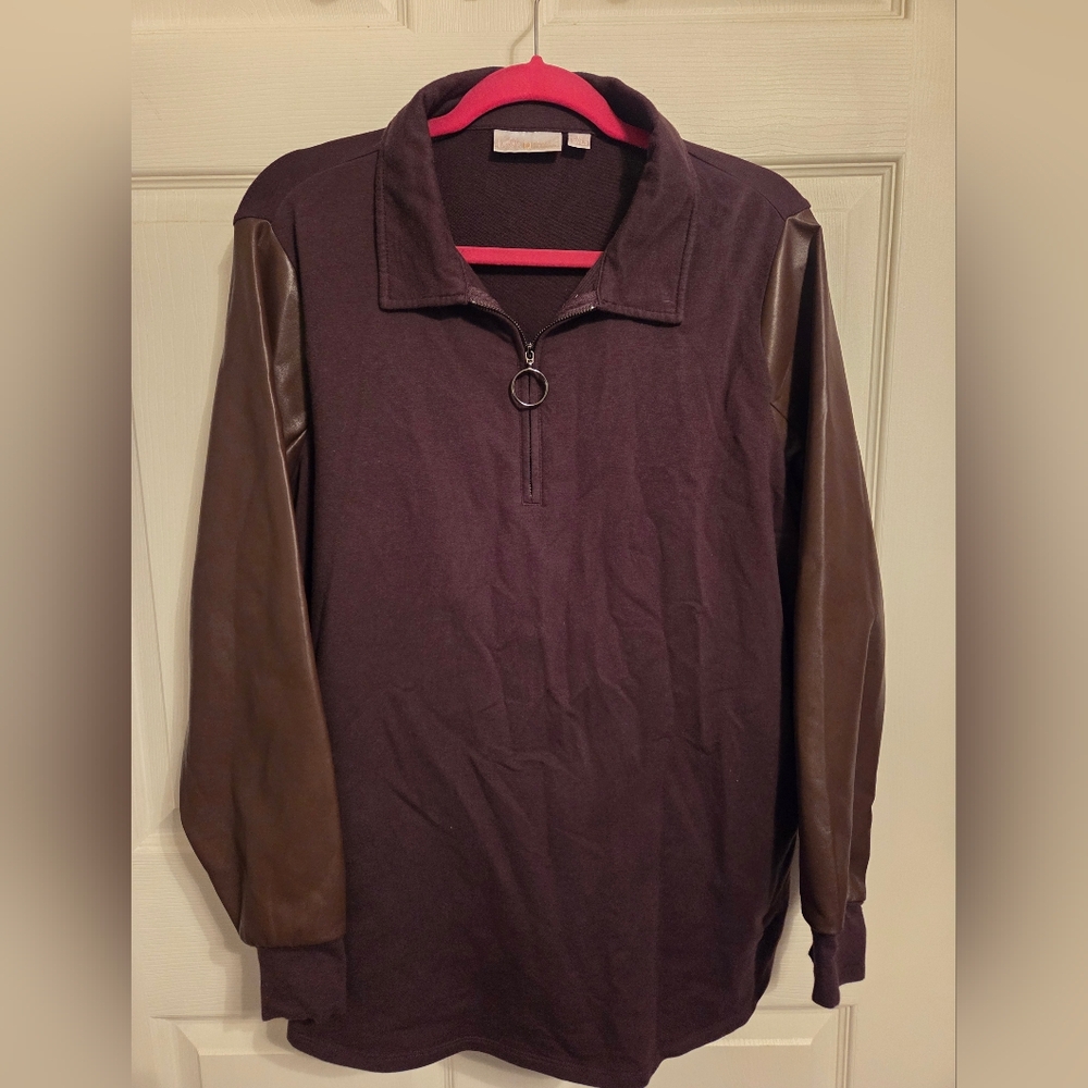 Belle by Kim Gravel Chocolate Brown Top With Faux Leather Sleeves